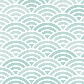 Japanese Waves- White on Sea Glass- Small- Petal Cotton Solids Coordinate- Rainbows- Arches- Scallop- Mermaid Scales- Green- Blue- Light Turquoise- Pastel Colors- Nursery Wallpaper