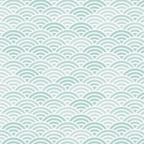 Japanese Waves- White on Sea Glass- Mini- Petal Cotton Solids Coordinate- Rainbows- Arches- Scallop- Mermaid Scales- Green- Blue- Light Turquoise- Pastel Colors- Nursery Wallpaper