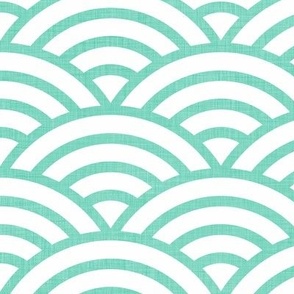 Japanese Waves- Mint on White- Large- Petal Cotton Solids Coordinate- Rainbows- Arches- Scallop- Mermaid Scales- Green- Blue- Light Turquoise- Pastel Colors- Nursery Wallpaper- Large Scale