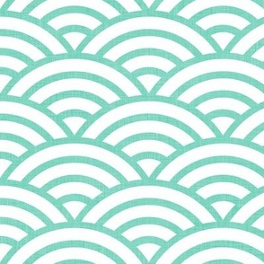 Japanese Waves- Mint on White- Medium- Petal Cotton Solids Coordinate- Rainbows- Arches- Scallop- Mermaid Scales- Green- Blue- Light Turquoise- Pastel Colors- Nursery Wallpaper- Large Scale