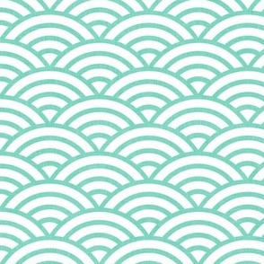 Japanese Waves- Mint on White- Small- Petal Cotton Solids Coordinate- Rainbows- Arches- Scallop- Mermaid Scales- Green- Blue- Light Turquoise- Pastel Colors- Nursery Wallpaper- Large Scale