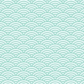 Japanese Waves- Mint on White- Mini- Petal Cotton Solids Coordinate- Rainbows- Arches- Scallop- Mermaid Scales- Green- Blue- Light Turquoise- Pastel Colors- Nursery Wallpaper