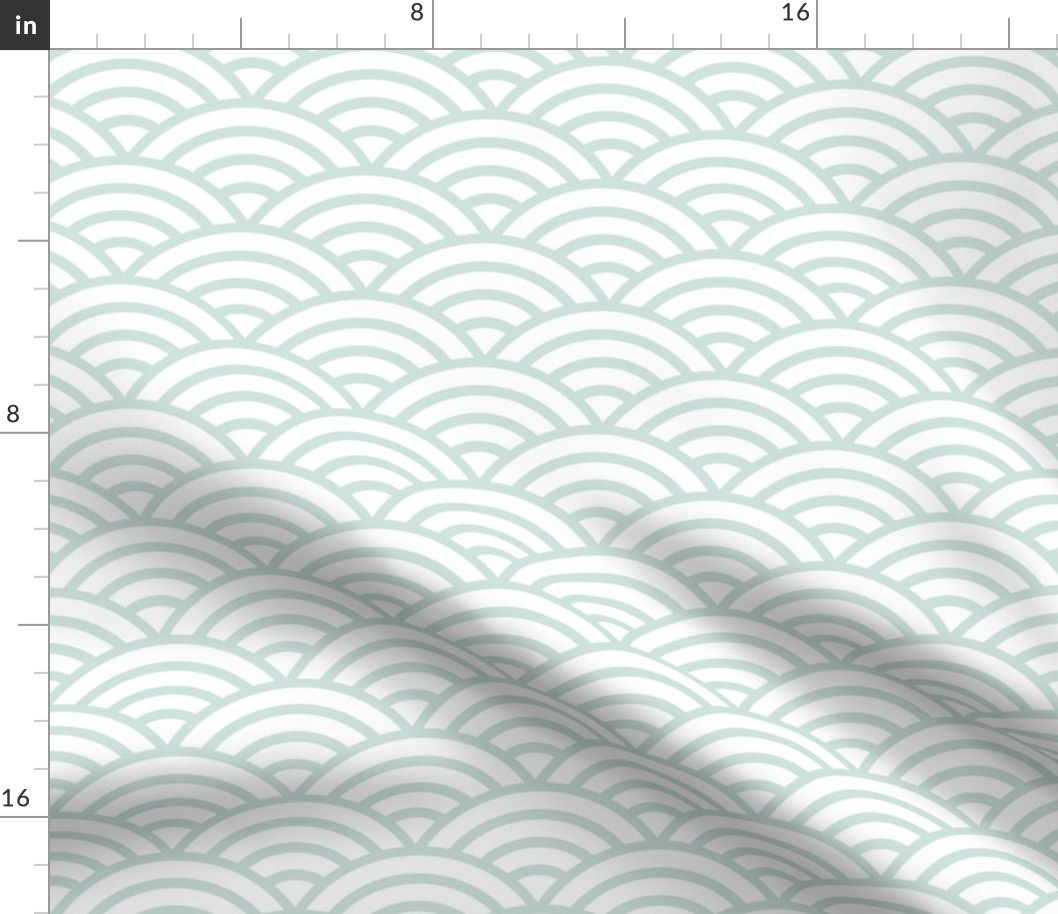 Japanese Waves- Seaglass on White- Medium- Petal Cotton Solids Coordinate- Rainbows- Arches- Scallop- Mermaid Scales- Green- Blue- Light Turquoise- Pastel Colors- Nursery Wallpaper