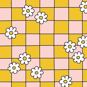 Scattered daisies on checkerboard - yellow + pink
