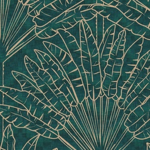 Mod Travellers Palms in gold outline on dark teal green wave grid - jumbo