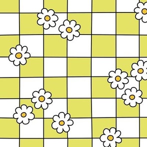Scattered daisies on checkerboard - lime