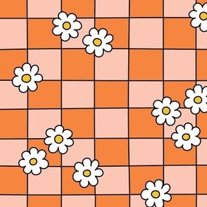 Scattered daisies on checkerboard - pink + orange