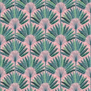 Mod Travellers Palms - Palm Springs - green on geometric pink wave grid - medium