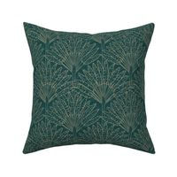 Mod Travellers Palms in gold outline on dark teal green wave grid - medium