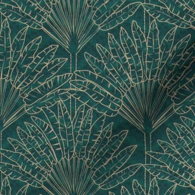 Mod Travellers Palms in gold outline on dark teal green wave grid - medium