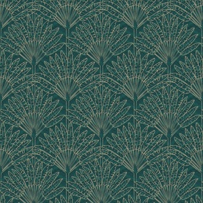 Mod Travellers Palms in gold outline on dark teal green wave grid - medium