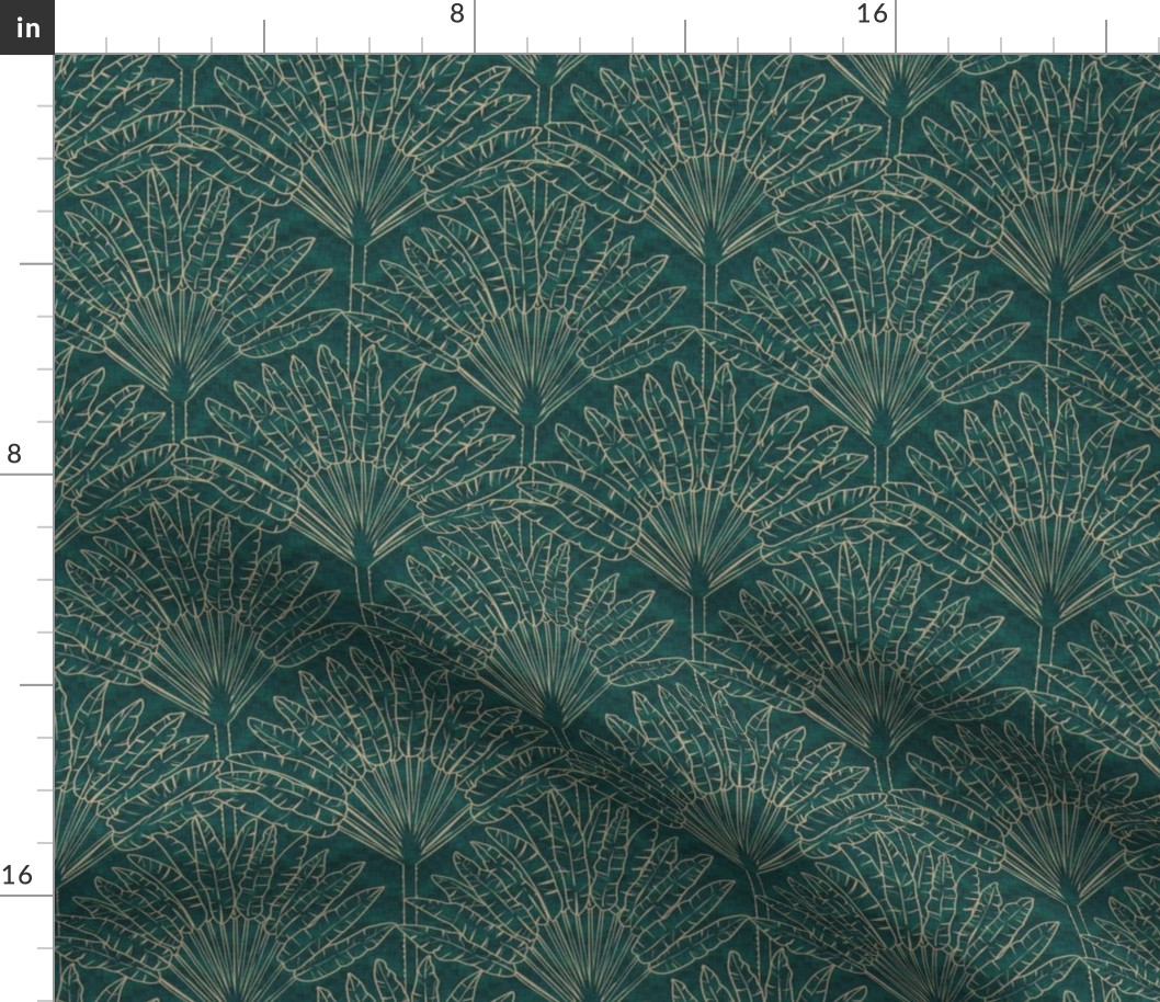 Mod Travellers Palms in gold outline on dark teal green wave grid - medium