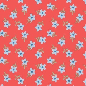 Red Blue Sumer - Blue Flowers on Red - 1 inch