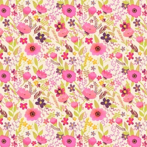 Medium Summer Meadow Floral, Pink and Green on Cream by Brittanylane