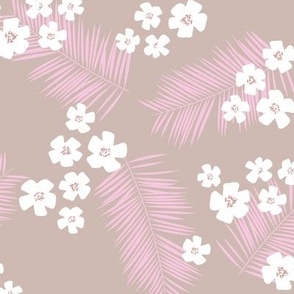 Tropical flowers and palm leaves island vibes boho hawaii design white pink on beige 