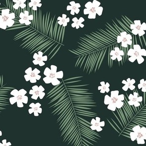 Tropical flowers and palm leaves island vibes boho hawaii design white sage green pine