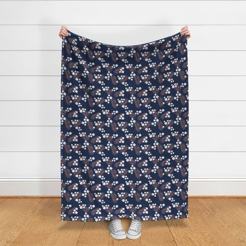 Tropical flowers and palm leaves island vibes boho hawaii design white vintage rose on navy blue