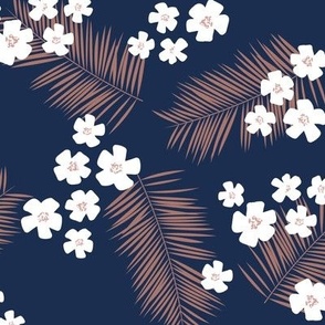 Tropical flowers and palm leaves island vibes boho hawaii design white vintage rose on navy blue