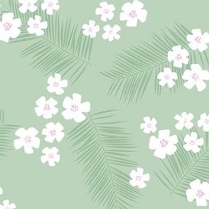 Tropical flowers and palm leaves island vibes boho hawaii design white mint green