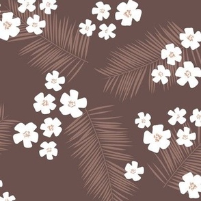 Tropical flowers and palm leaves island vibes boho hawaii design white on chocolate winter