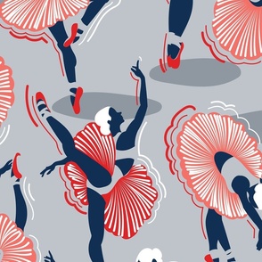 Large jumbo scale // Dancing ballerina flowers // light grey background midnight coral and vivid red ballet dancers