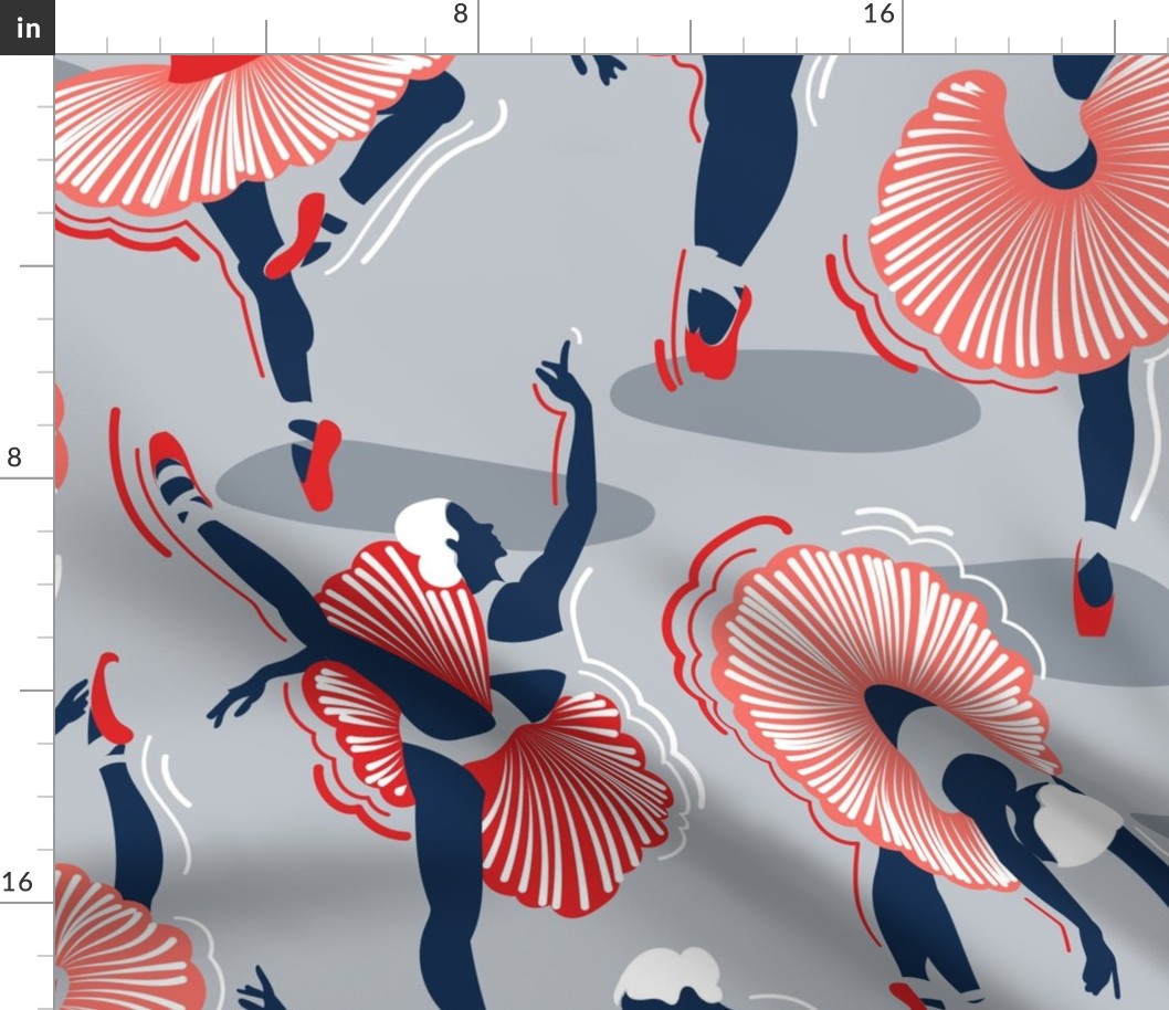 Large jumbo scale // Dancing ballerina flowers // light grey background midnight coral and vivid red ballet dancers