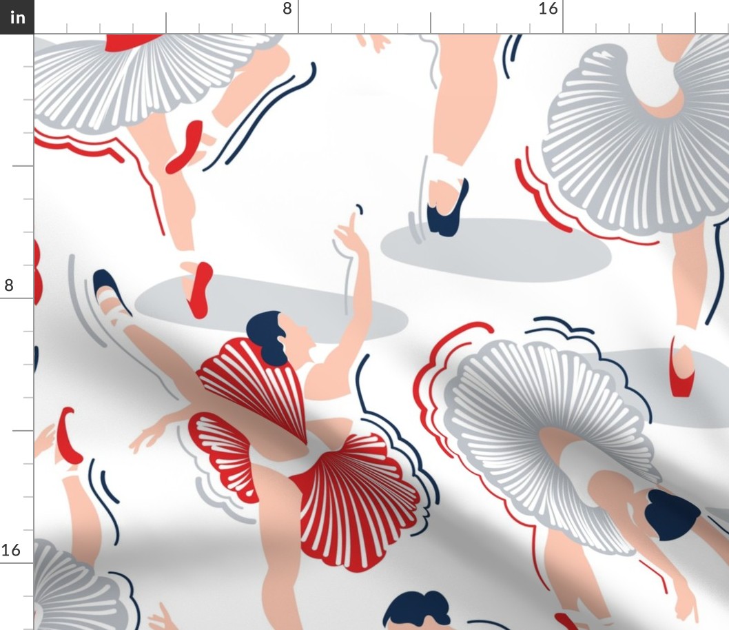 Large jumbo scale // Dancing ballerina flowers // white background midnight blue light grey vivid red ballet dancers