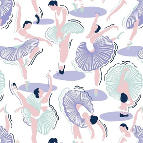 Normal scale // Dancing ballerina flowers // white background lilac seaglass green and cotton candy pink ballet dancers