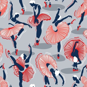 Normal scale // Dancing ballerina flowers // light grey background midnight coral and vivid red ballet dancers