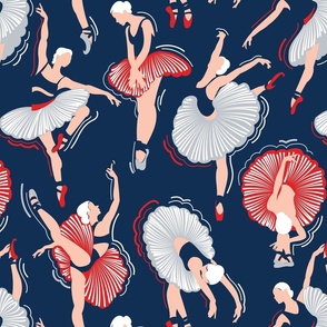 Normal scale // Dancing ballerina flowers // midnight blue background light grey rose pink and vivid red ballet dancers