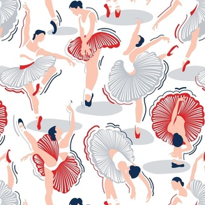 Normal scale // Dancing ballerina flowers // white background midnight blue light grey vivid red ballet dancers