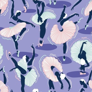 Normal scale // Dancing ballerina flowers // lilac background midnight blue seaglass green and cotton candy pink ballet dancers