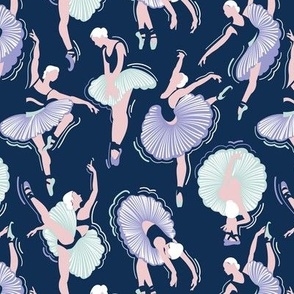 Small scale // Dancing ballerina flowers // midnight blue background lilac seaglass green and cotton candy pink ballet dancers