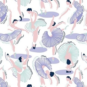 Small scale // Dancing ballerina flowers // white background lilac seaglass green and cotton candy pink ballet dancers