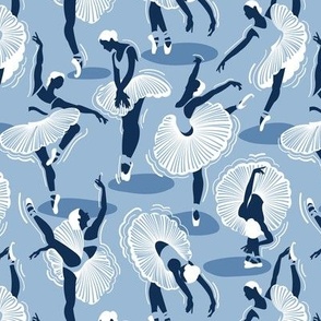 Small scale // Dancing ballerina flowers // monochromatic sky and midnight blue ballet dancers