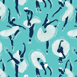 Small scale // Dancing ballerina flowers // aqua ocean background midnight blue and seaglass green ballet dancers