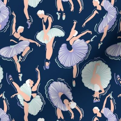 Small scale // Dancing ballerina flowers // midnight blue background lilac seaglass green and cotton rose pink ballet dancers