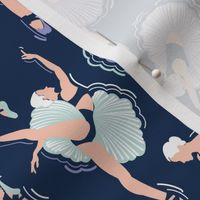 Small scale // Dancing ballerina flowers // midnight blue background lilac seaglass green and cotton rose pink ballet dancers