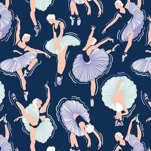 Small scale // Dancing ballerina flowers // midnight blue background lilac seaglass green and cotton rose pink ballet dancers