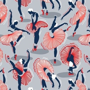Small scale // Dancing ballerina flowers // light grey background midnight coral and vivid red ballet dancers