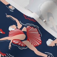 Small scale // Dancing ballerina flowers // midnight blue background light grey rose pink and vivid red ballet dancers