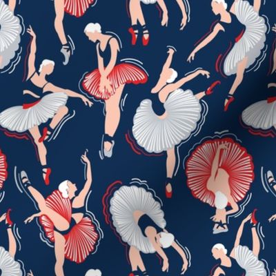 Small scale // Dancing ballerina flowers // midnight blue background light grey rose pink and vivid red ballet dancers