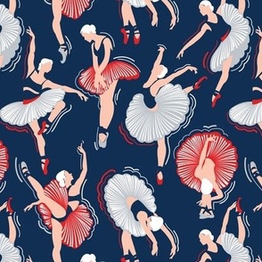 Small scale // Dancing ballerina flowers // midnight blue background light grey rose pink and vivid red ballet dancers