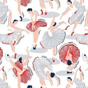 Small scale // Dancing ballerina flowers // white background midnight blue light grey vivid red ballet dancers