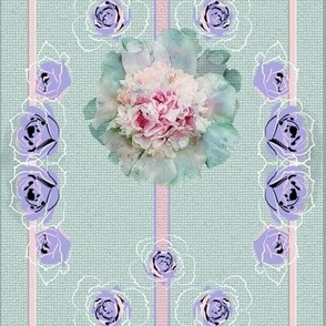 8x12-Inch Half-Drop Repeat of Lavender Roses with Peony and Pink Stripes on Seaglass Background CDE1DD