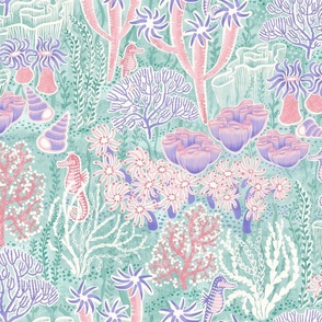 large- coral reef and seahorse in cotton candy, lilac and seaglass - large scale