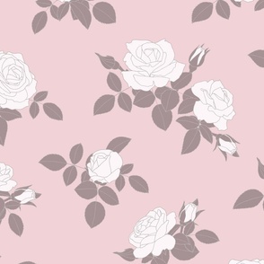 white roses on pink, retro flowers S