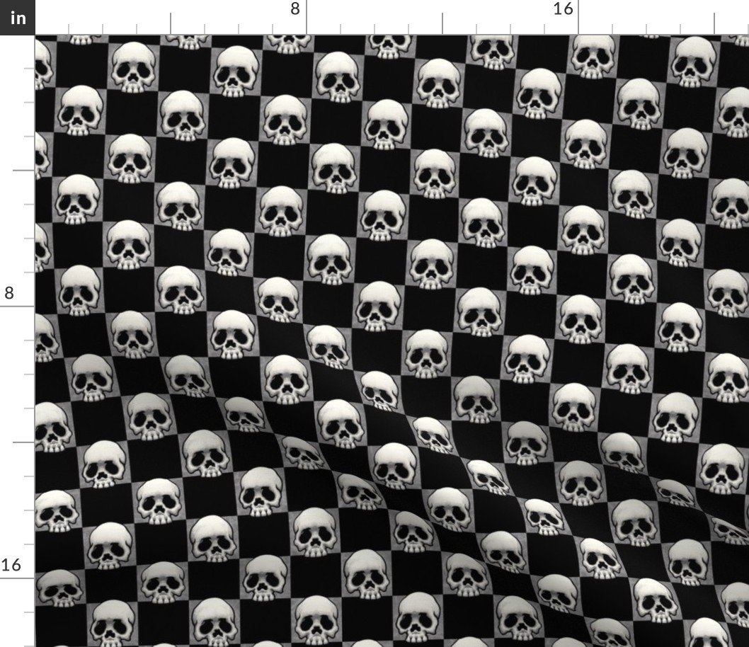 ★ SKULLS CHECKER ★ 1.5” Large Scale – Gray + Black / Collection : Back to Basics - Spooky Geometric Prints