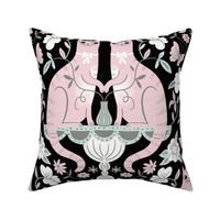 twin cats damask rose on black