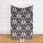 twin cats damask rose on black